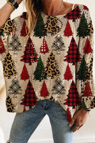 Holiday Tree Print Hollow Knit Sweater