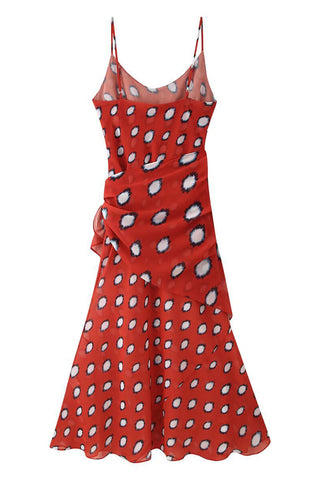 Polka Dot Spaghetti Strap Wrap Midi Dress