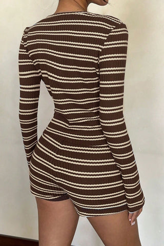 Striped Button-Front Long Sleeve Short Set
