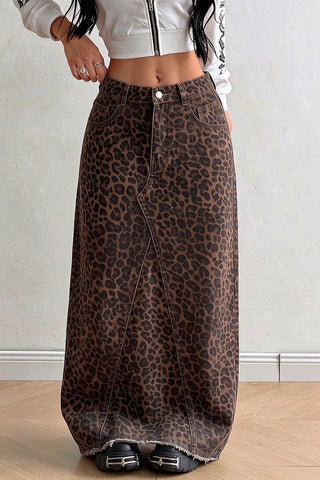 Leopard Print High-Waist Maxi Denim Skirt