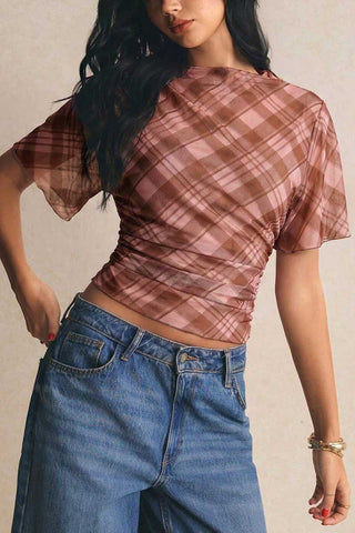 Sheer Plaid Flutter Sleeve Ruched Top