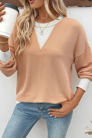 Textured V-Neck Color Block Sweatshirt