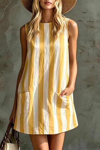 Pocketed Sleeveless Striped Mini Dress
