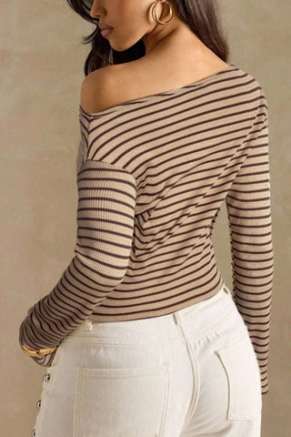Ribbed One-Shoulder Striped Long Sleeve Top