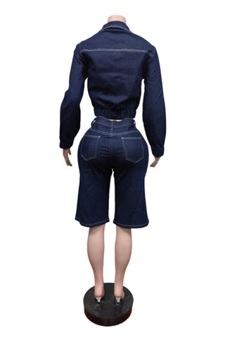 Zip-Front Collared Denim Short Set