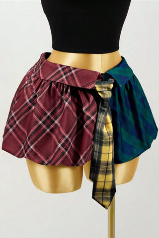 Plaid Patchwork Tie-Front Mini Skirt