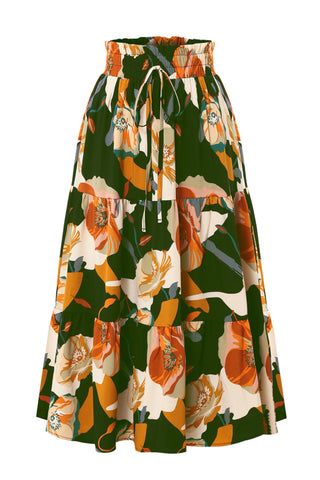Tiered Drawstring Floral Maxi Skirt