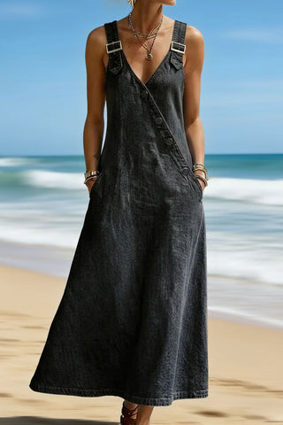 Button-Detail Denim Strap Maxi Dress