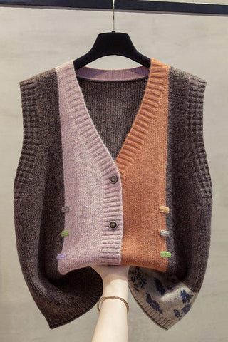 Color-Block Knit Button-Front V-Neck Vest