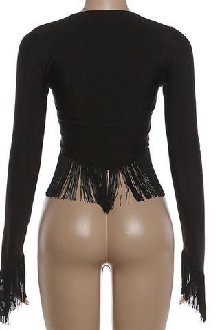 Long Sleeve Fringe Crop Top