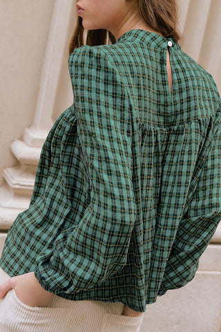 Plaid Mock Neck Puff Sleeve Blouse