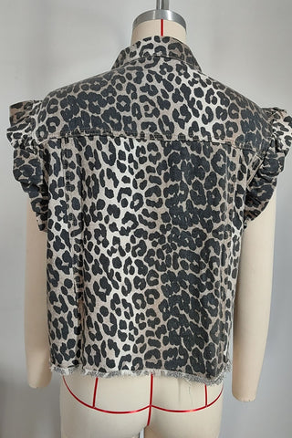 Leopard Print Ruffle Sleeve Denim Vest