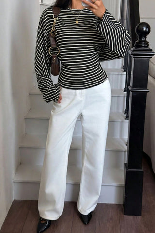 Striped Ribbed Knit Long Sleeve Top