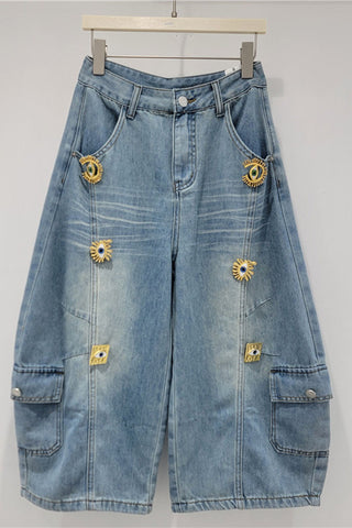 Eye-Embellished Cargo Denim Shorts