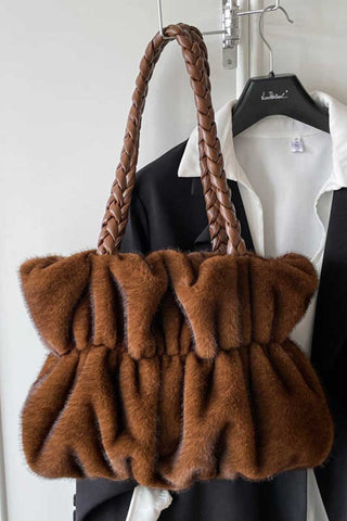 Braided Handle Faux Fur Tote Bag