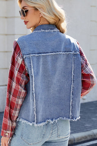 Plaid Sleeve Frayed Denim Jacket
