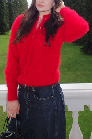 Mock Neck Button-Front Fuzzy Knit Cardigan