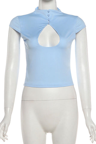 Mock Neck Cutout Button Crop Top