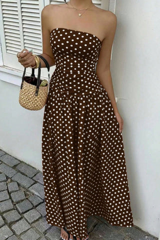 Polka Dot Strapless Ruched Maxi Dress