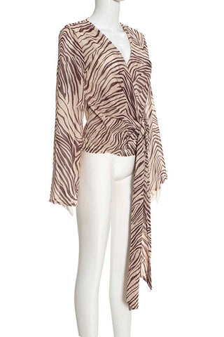 Zebra Print Wrap V-Neck Bell Sleeve Blouse