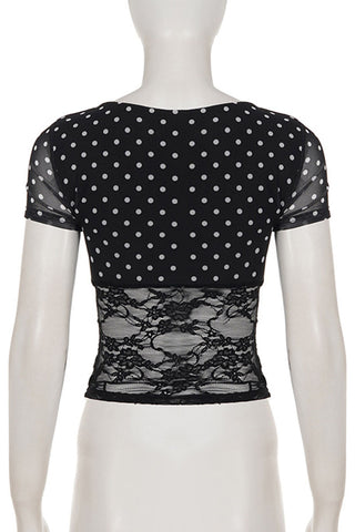 Polka Dot Sheer Lace Bow T-Shirt