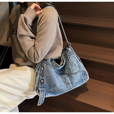 Button Denim Hobo Bag