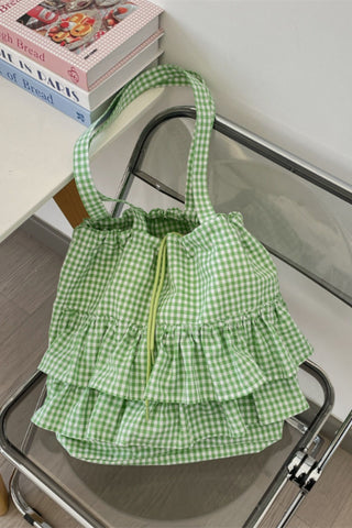 Gingham Ruffle Drawstring Tote Bag