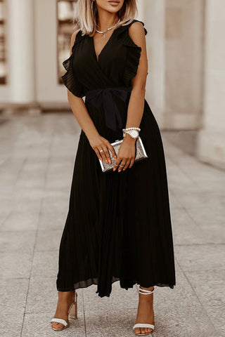 Pleated V-Neck Wrap Dress
