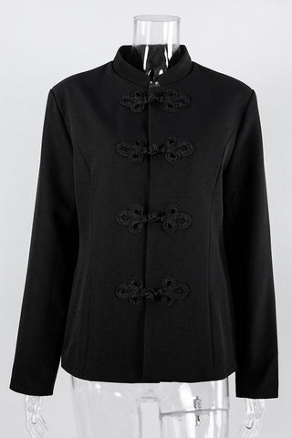 Frog Button Stand Collar Long Sleeve Blazer