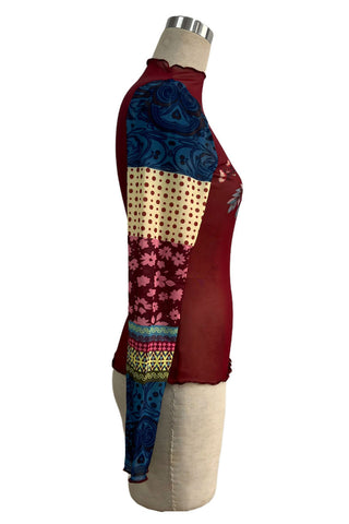Sheer Mesh Floral Patchwork Mock Neck Top