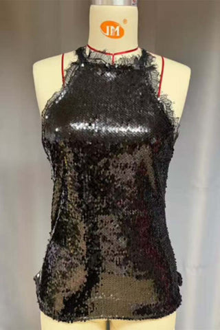 Sequin Lace Halter Tank Top