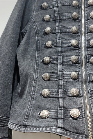 Military Button Zip Front Denim Jacket