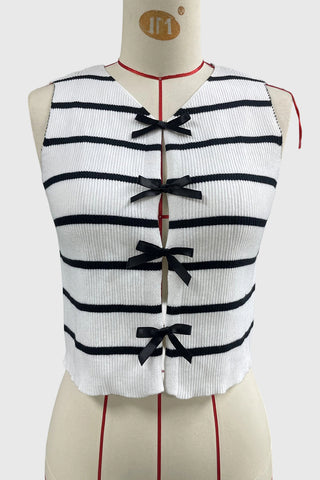 Striped Ribbed Bow-Front Sleeveless Vest