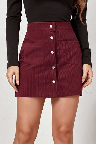 High-Waist Ribbed Button-Front Mini Skirt