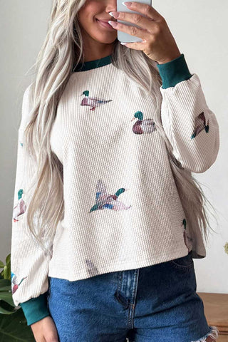 Duck Print Ribbed Crew Neck Sweatshirt
