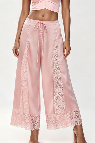 Lace Insert Drawstring Wide-Leg Casual Pants