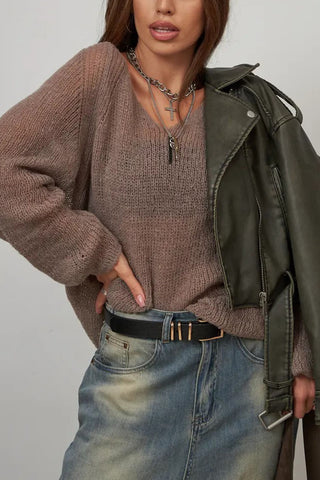 Sheer V-Neck Loose Knit Sweater