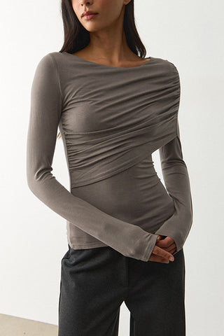 Ruched Boat Neck Long Sleeve Crop Top