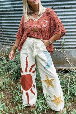 Applique Wide-Leg Drawstring Casual Pants