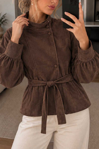 Stand-Collar Tie-Waist Suede Coat