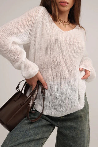 Sheer V-Neck Loose Knit Sweater