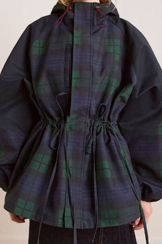 Plaid Puff Sleeve Drawstring Hooded Coat