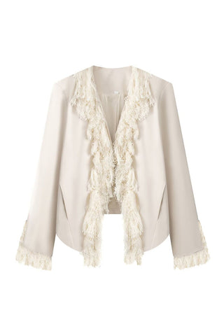 Fringe Trim Open Front Long Sleeve Jacket