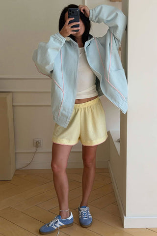Pom-Pom Trim Zip-Up Mock Neck Jacket