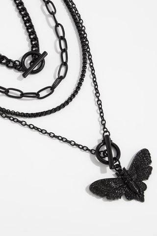 Layered Chain Moth Pendant Necklace