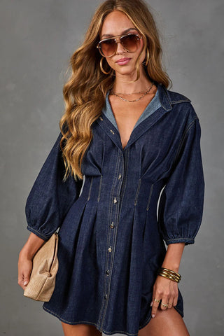 Puff Sleeve Button-Front Collared Mini Dress