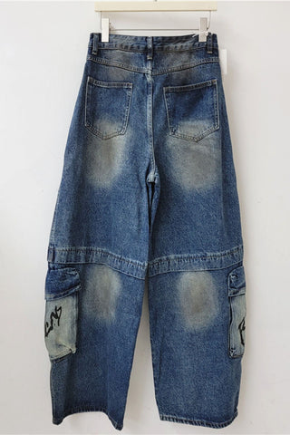 Script Print Cargo Pocket Baggy Jeans