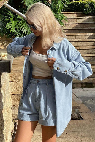 Denim Shirt and Cuffed Short Set