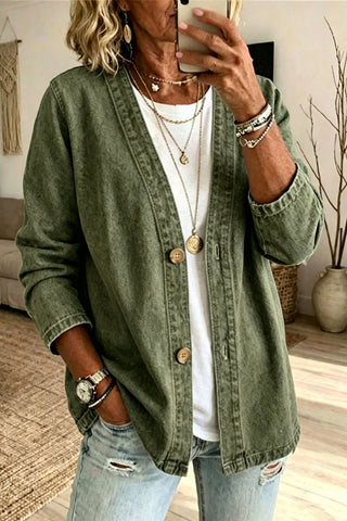 Button-Front V-Neck Denim Jacket