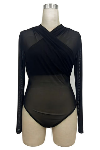 Sheer Mesh Ruched V-Neck Long Sleeve Bodysuit